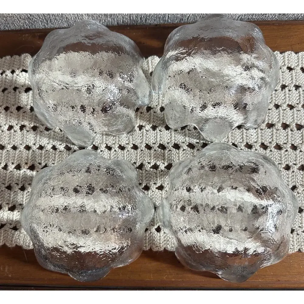 Vintage Blenko Glass Clear Textured‎ Lotus Bowls 8 Petal MCM Set of 4 1960s